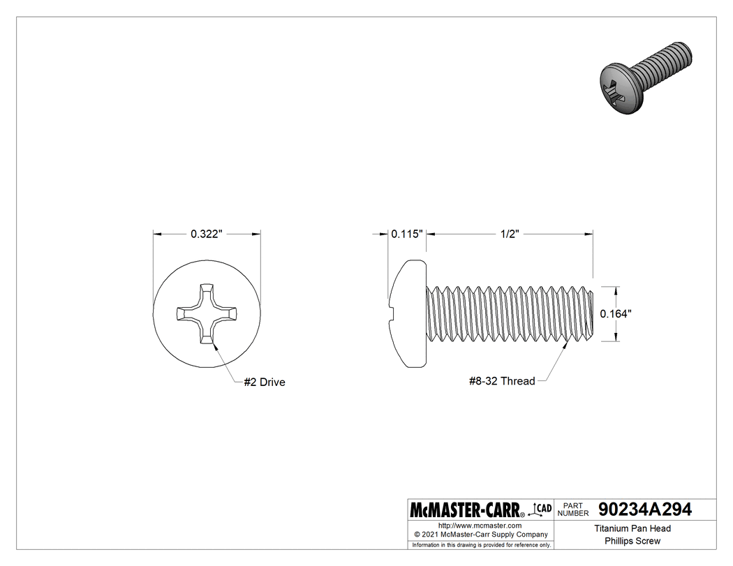 Technical Drawing of Titanium Pan Head Phillips Screw, 8-32 Thread, 1/2" Long.